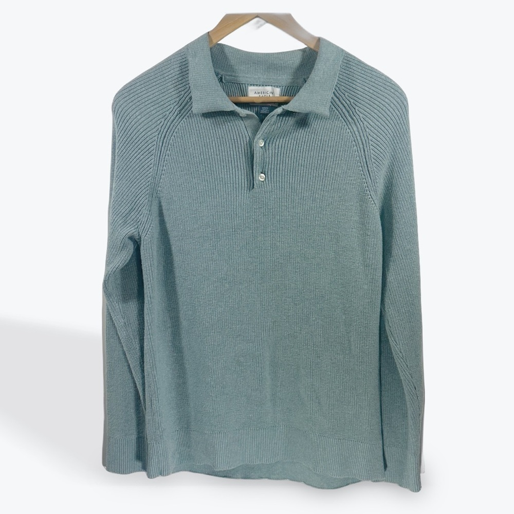 American Eagle Ribbed Blue Polo Long Sleeve Buttoned Shirt Men's Medium Collar